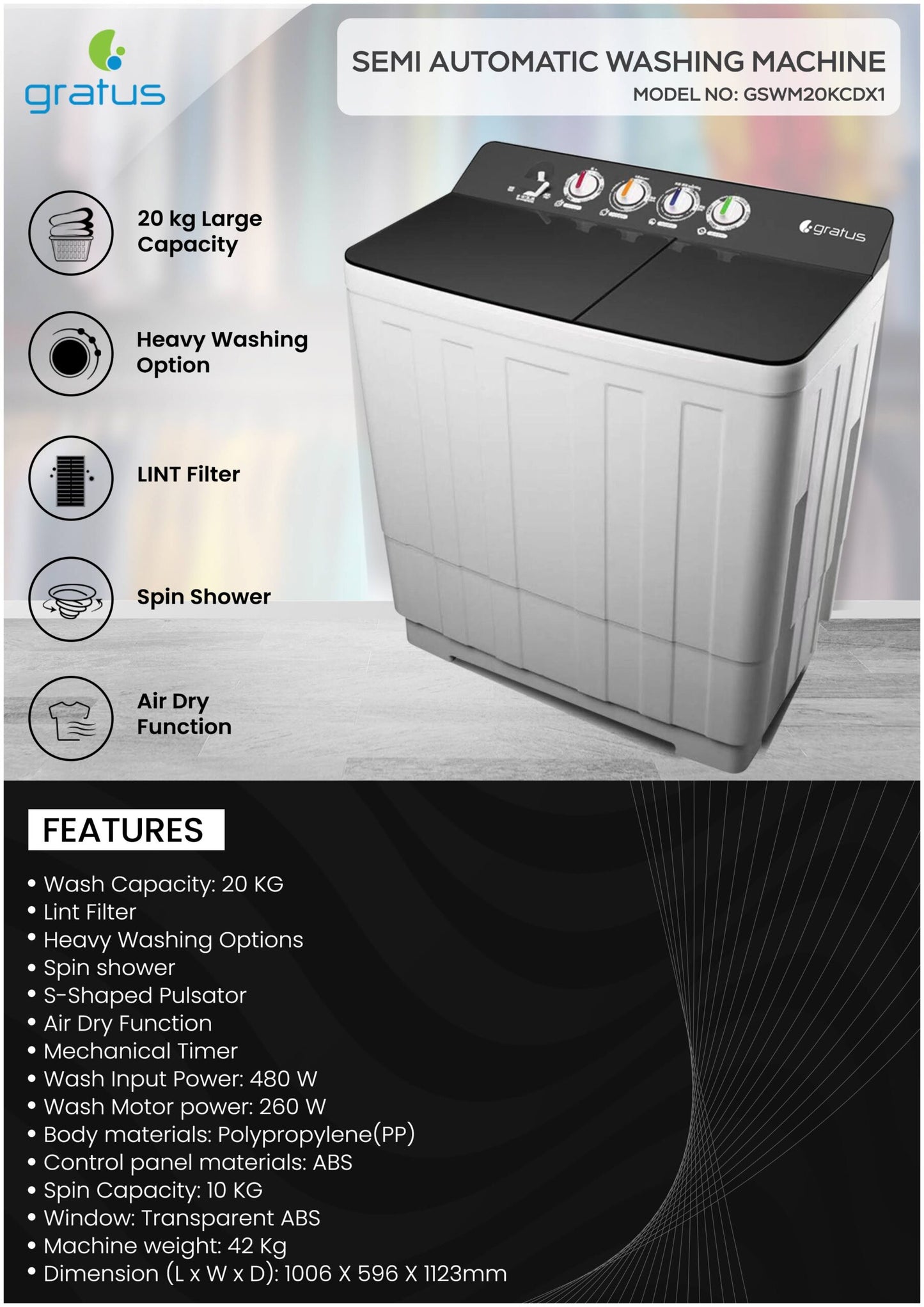 Gratus 20 KG Top Load Semi-Automatic Washing Machine (GSWM07KCDX1)