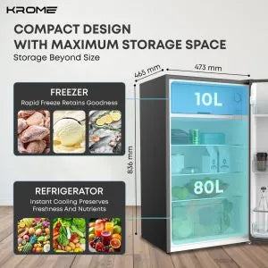 ✅ KROME 141L Single Door Glass Refrigerator – KR‑RF141GG | Black, Direct Cool, 5-Year Compressor Warranty
