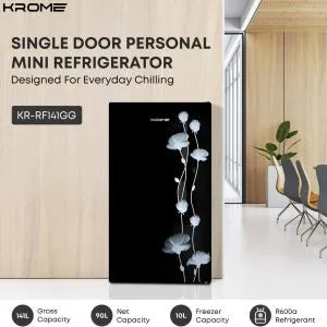 ✅ KROME 141L Single Door Glass Refrigerator – KR‑RF141GG | Black, Direct Cool, 5-Year Compressor Warranty