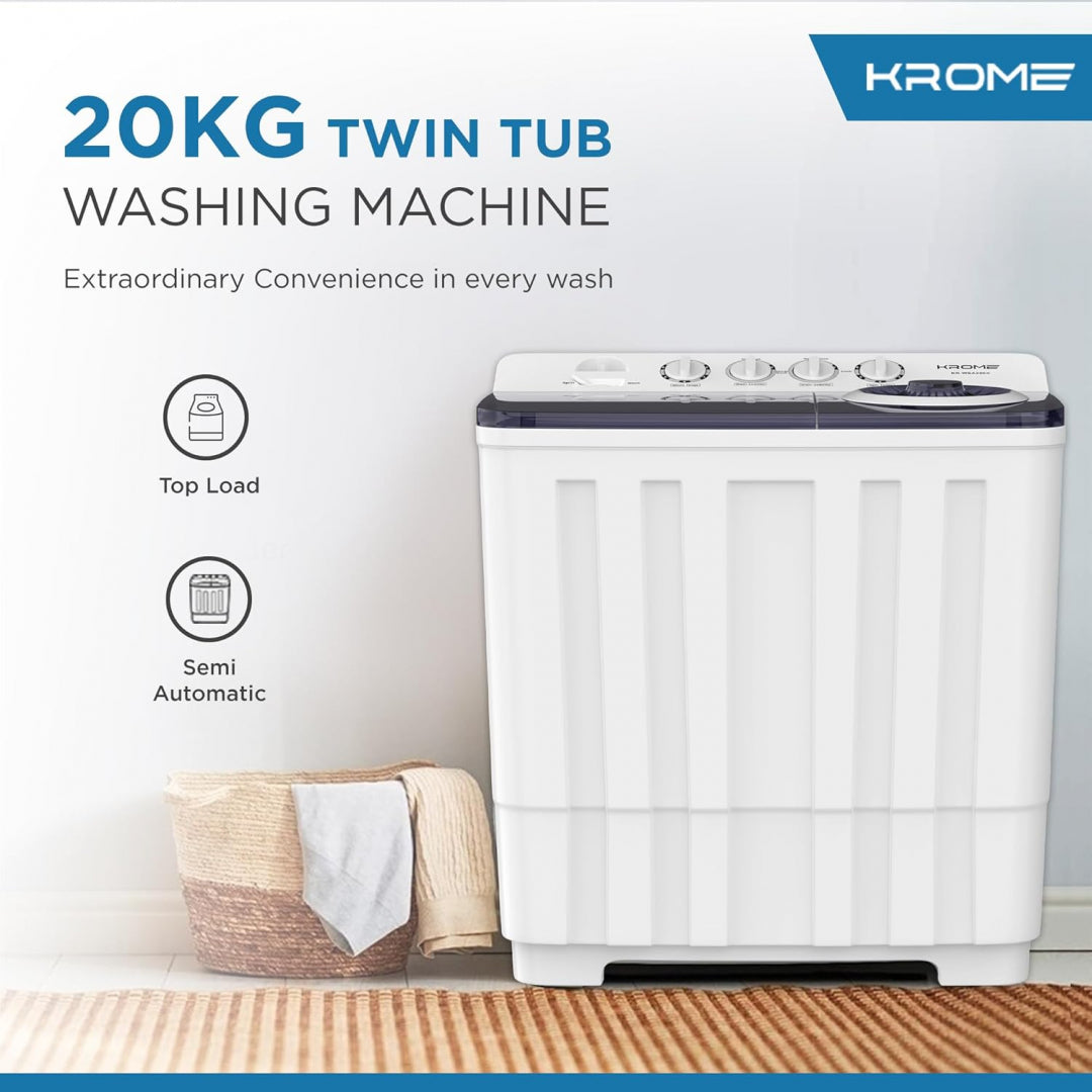Krome KR-WSA200K 20KG Twin Tub Semi-Automatic Washing Machine – White