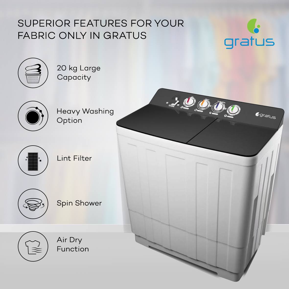 Gratus 20 KG Top Load Semi-Automatic Washing Machine (GSWM07KCDX1)
