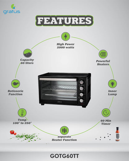 Gratus 60L Electric Oven Toaster Grill with Rotisserie – GTC60NCGX2 | Full Black