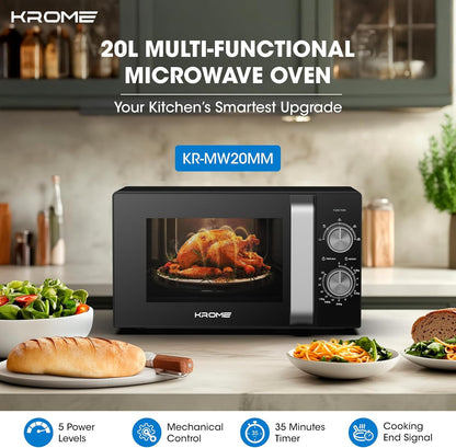 KROME 20L Microwave Oven, 700W, 5 Power Levels, Mechanical Control – Model KR-MW20MM (Black)