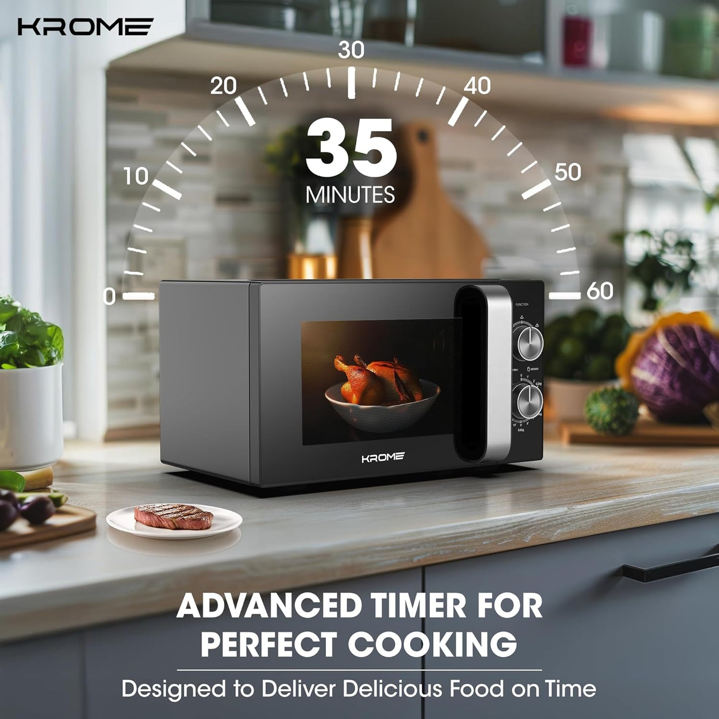 KROME 25L Digital Microwave Oven, 900W, 8 Auto Menus, Child Lock – Model KR-MW25DM (Black)