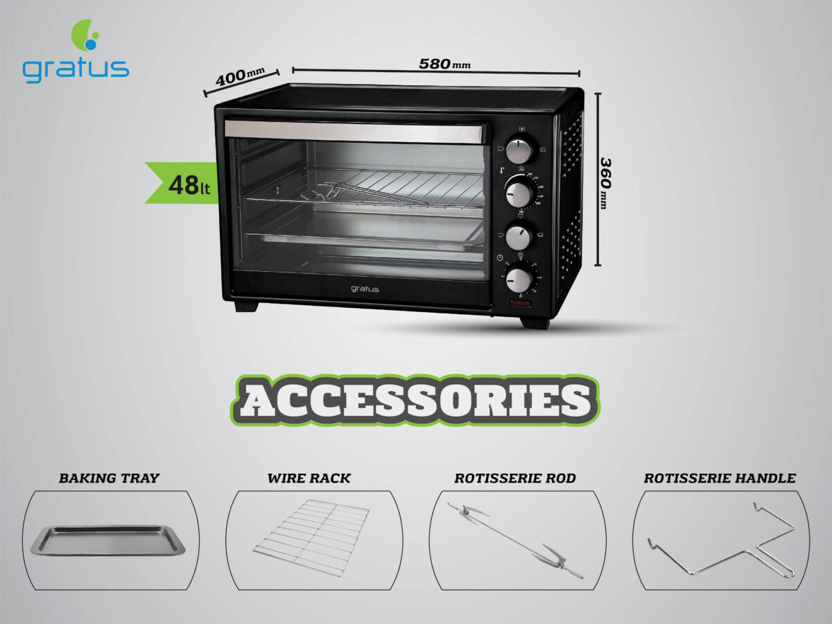 Gratus 60L Electric Oven Toaster Grill with Rotisserie – GTC60NCGX2 | Full Black