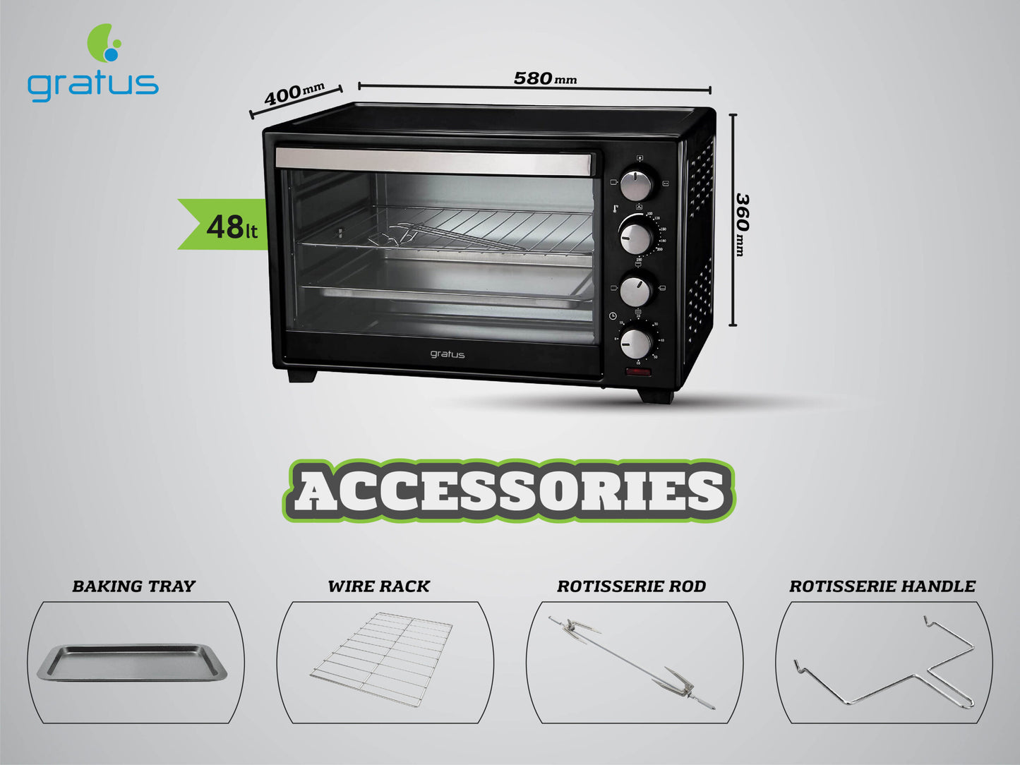 Gratus 100L Electric Oven Toaster Grill – 2800W, Rotisserie, Timer & Temp Control | Model: GTC100NCGX2