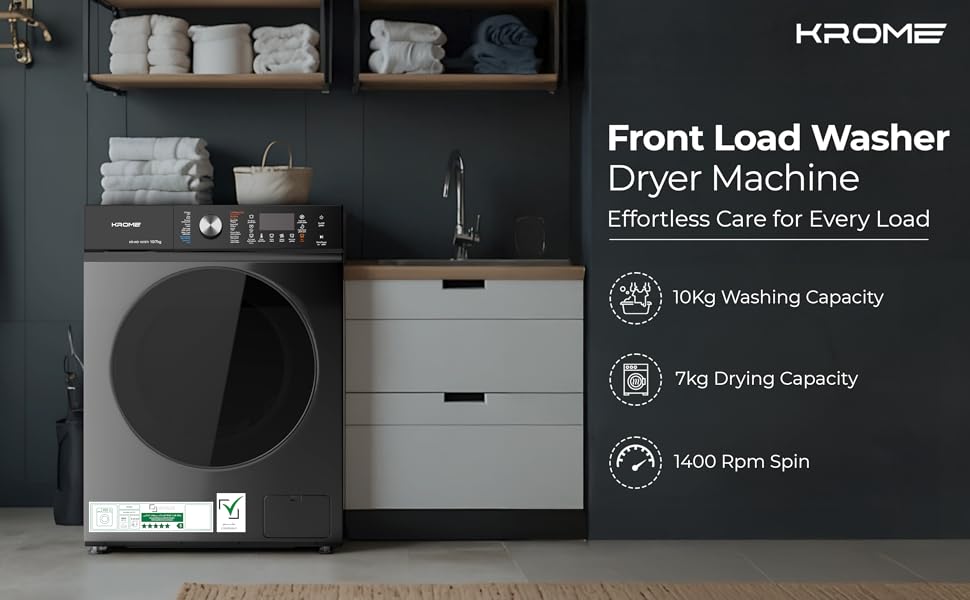 KROME 10/7 KG Front Load Washer Dryer – 1400 RPM, BLDC Motor, Titanium | Model: KR-WD107STI