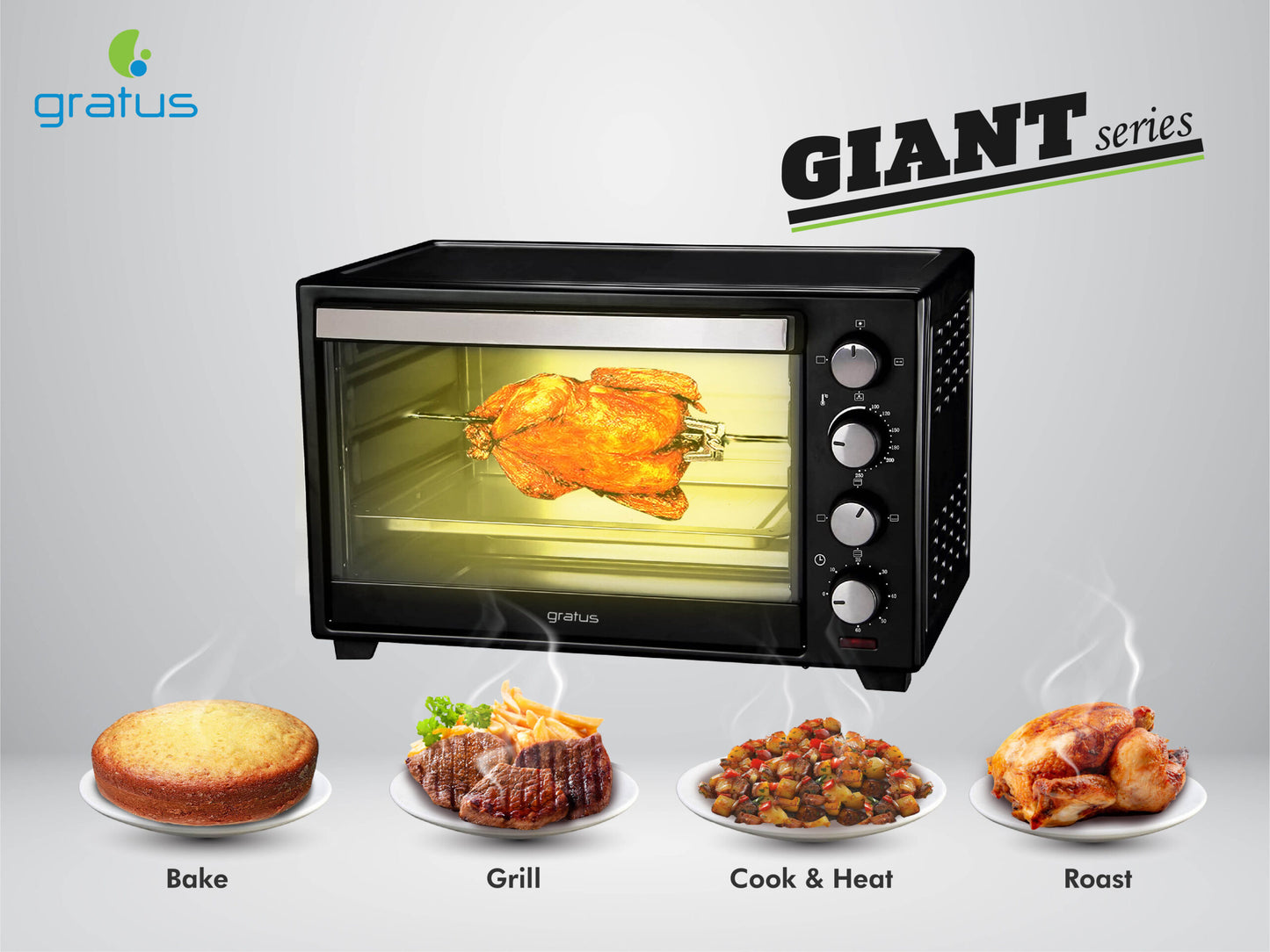 Gratus 48L Electric Oven Toaster Grill – 2000W, Rotisserie & Timer | 1 Year Warranty