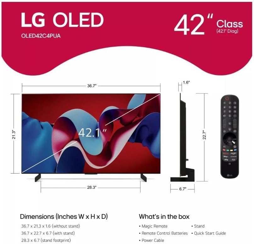 LG 42-Inch OLED evo C4 Smart TV 4K Processor Flat Screen with Magic Remote AI-Powered with Alexa Built-in (OLED42C4PUA, 2024)