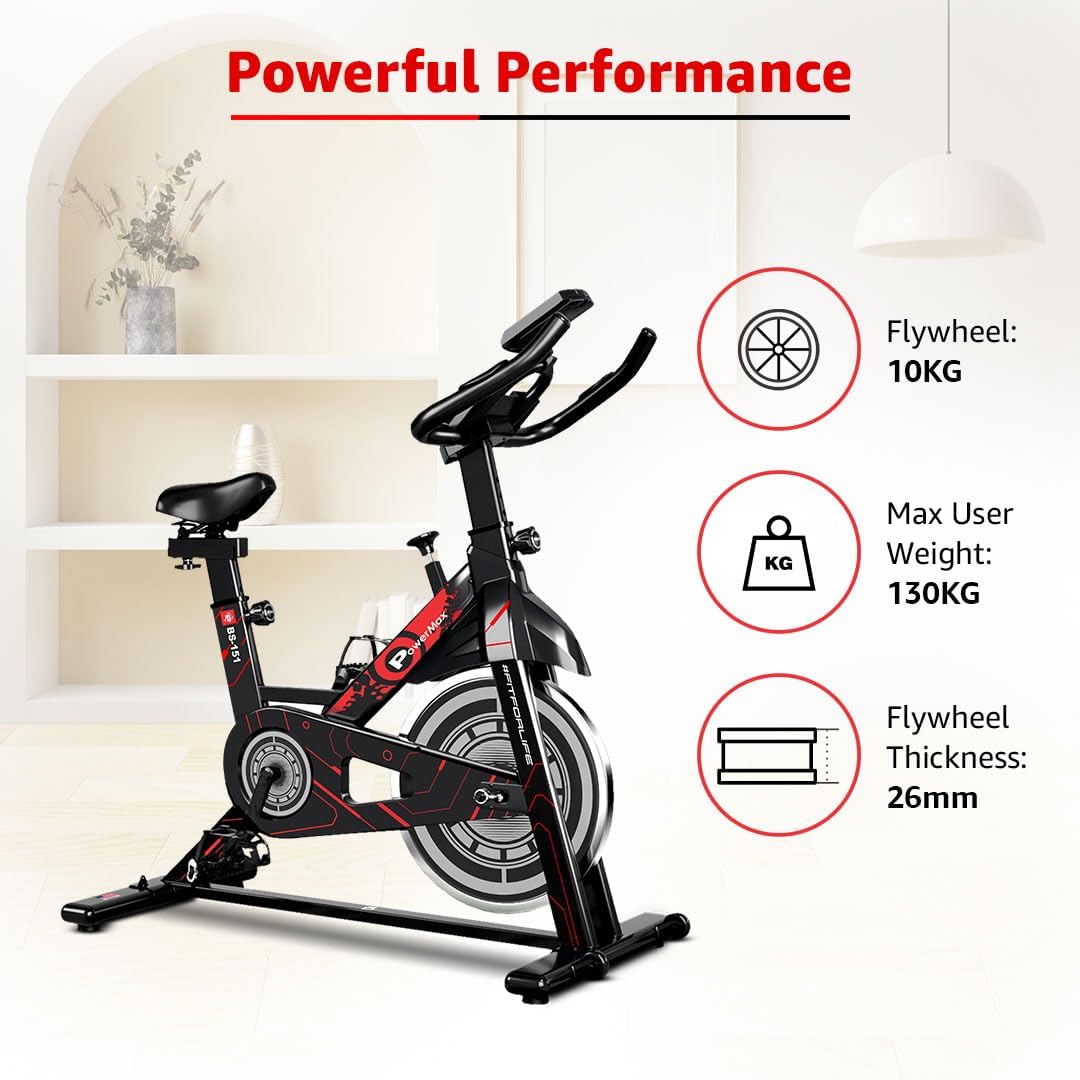 PowerMax Fitness Bs-151 Exercise Spin Bike With 10Kg Flywheel, Lcd Display And Friction Braking System For Home Workout - Black