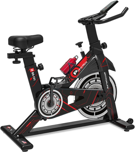 PowerMax Fitness Bs-151 Exercise Spin Bike With 10Kg Flywheel, Lcd Display And Friction Braking System For Home Workout - Black