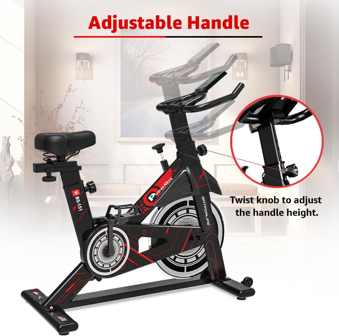 PowerMax Fitness Bs-151 Exercise Spin Bike With 10Kg Flywheel, Lcd Display And Friction Braking System For Home Workout - Black