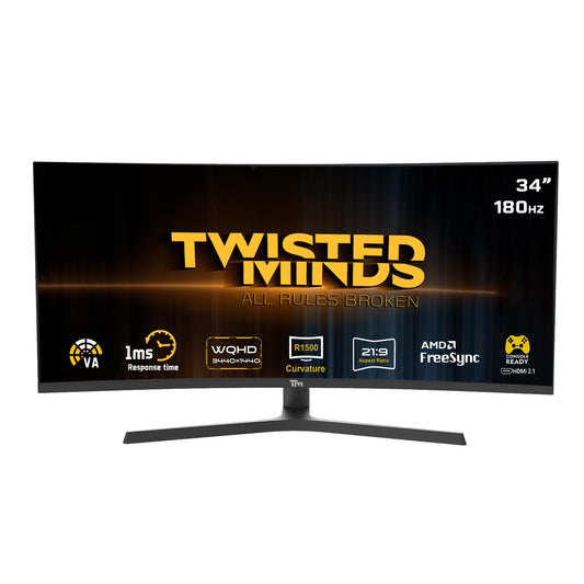 34″ Twisted Minds TM34CWQHDVA Ultra-Wide Curved Gaming Monitor – WQHD 3440×1440, 180 Hz, 1 ms (OD), HDR10, 1500R Curvature, FreeSync & G-Sync Compatible, Dual HDMI 2.1, DisplayPort, Speakers