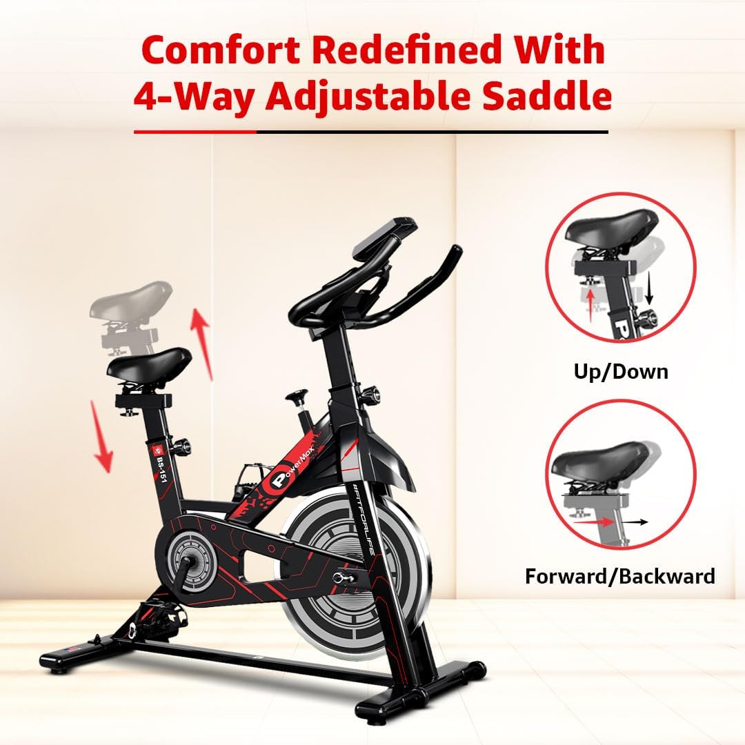 PowerMax Fitness Bs-151 Exercise Spin Bike With 10Kg Flywheel, Lcd Display And Friction Braking System For Home Workout - Black