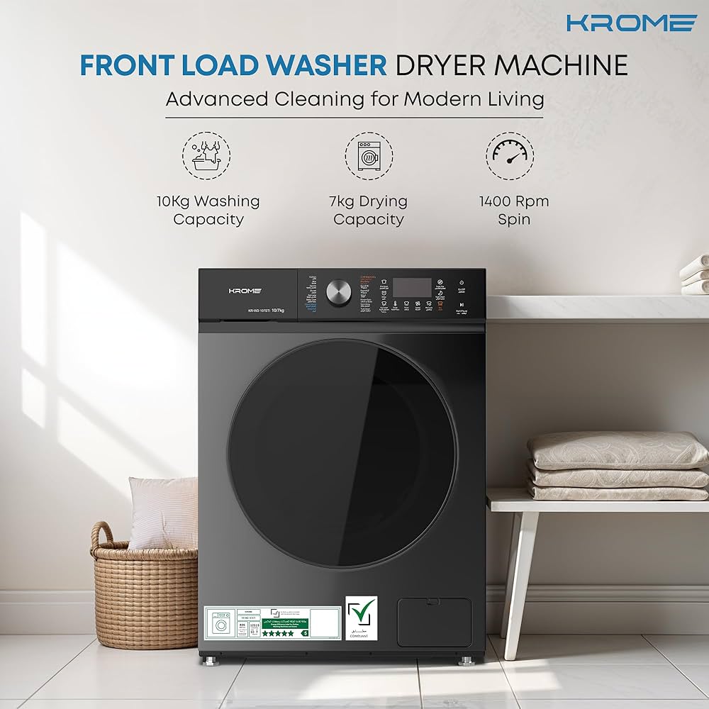 KROME 10/7 KG Front Load Washer Dryer – 1400 RPM, BLDC Motor, Titanium | Model: KR-WD107STI