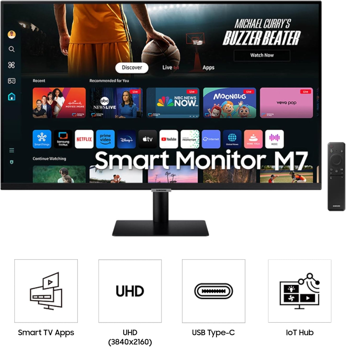 SAMSUNG 32-Inch M7 (M70) Series 4K UHD Smart Monitor with Streaming TV, Speakers, HDR10, USB-C, Multiple Ports, Gaming Hub, SolarCell Remote, Vision Accessibility Tools, LS32DM700, 2024, Black