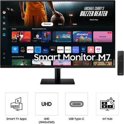 SAMSUNG 32-Inch M7 (M70) Series 4K UHD Smart Monitor with Streaming TV, Speakers, HDR10, USB-C, Multiple Ports, Gaming Hub, SolarCell Remote, Vision Accessibility Tools, LS32DM700, 2024, Black