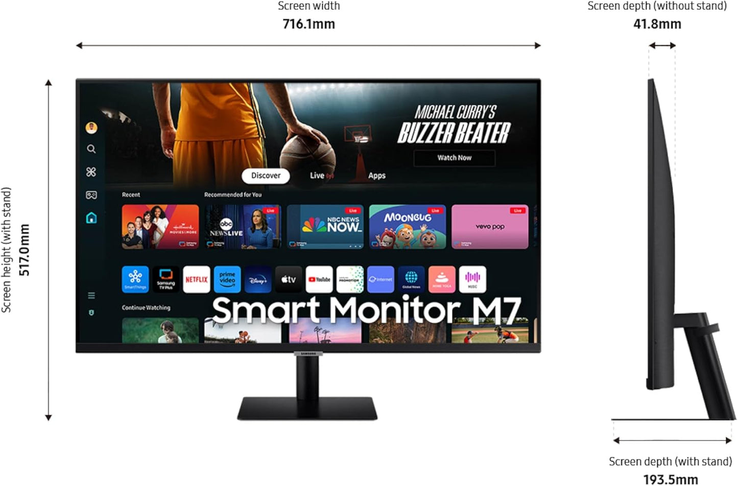 SAMSUNG 32-Inch M7 (M70) Series 4K UHD Smart Monitor with Streaming TV, Speakers, HDR10, USB-C, Multiple Ports, Gaming Hub, SolarCell Remote, Vision Accessibility Tools, LS32DM700, 2024, Black
