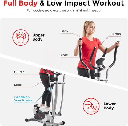 Sunny Health & Fitness Upright Elliptical w/Adjustable Magnetic Resistance | Advanced Magnetic Belt, 8 Level Resistance, Total Body Workout, Hyper-Quiet Belt Drive, Compact, 2-in-1 Upright Design