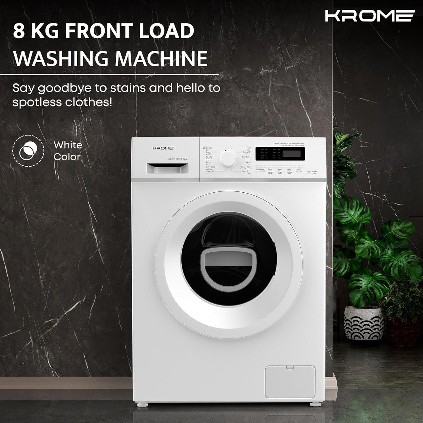KROME 8KG Front Load Washing Machine – BLDC Inverter, 1400 RPM, 5★ Energy, White | Model: KR-WFL80SI
