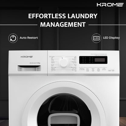 KROME 8KG Front Load Washing Machine – BLDC Inverter, 1400 RPM, 5★ Energy, White | Model: KR-WFL80SI