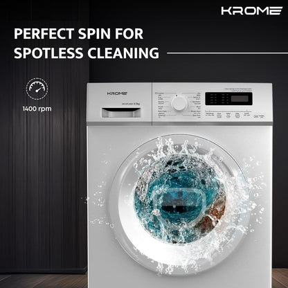 KROME 8KG Front Load Washing Machine – BLDC Inverter, 1400 RPM, 5★ Energy, White | Model: KR-WFL80SI