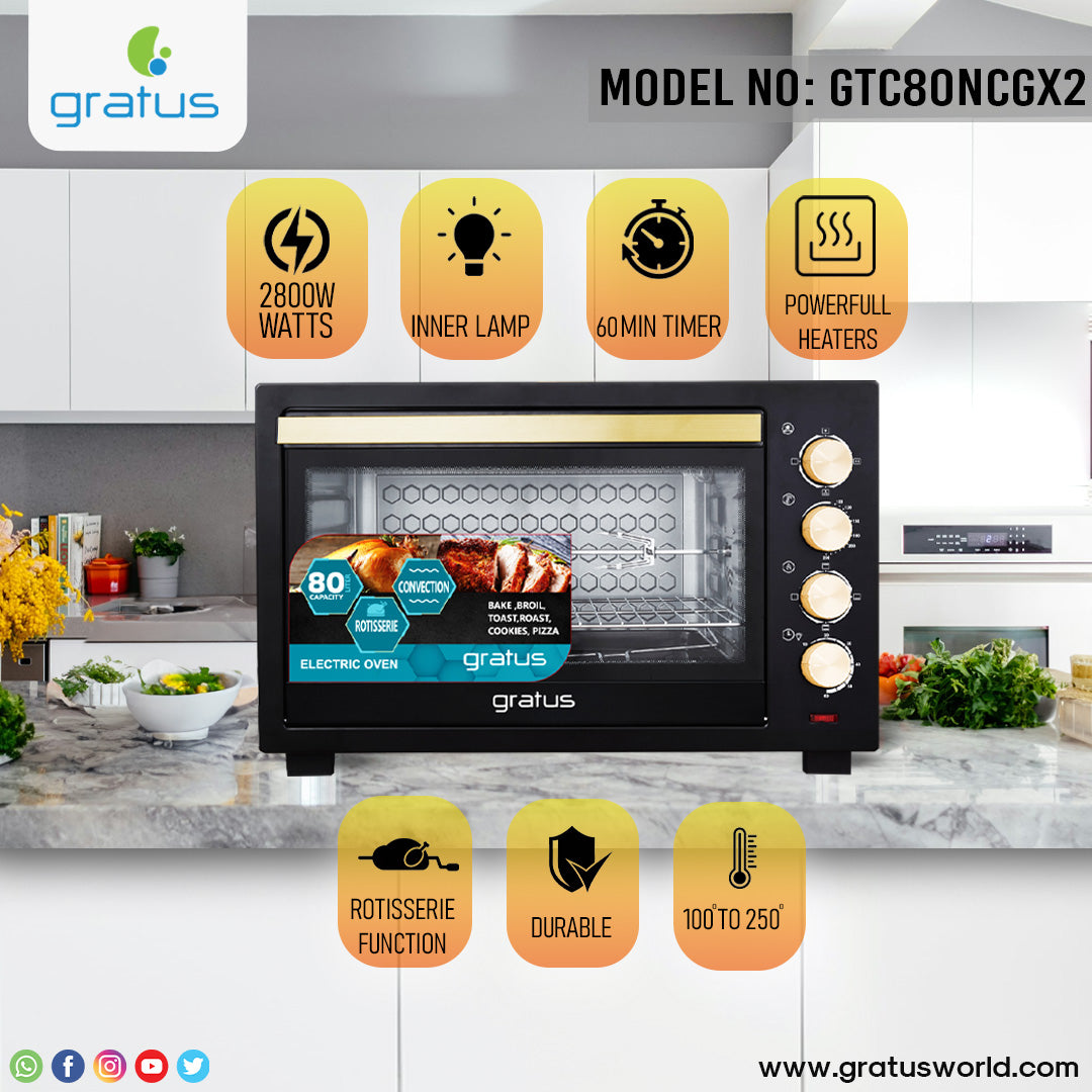 Gratus 100L Electric Oven Toaster Grill – 2800W, Rotisserie, Timer & Temp Control | Model: GTC100NCGX2