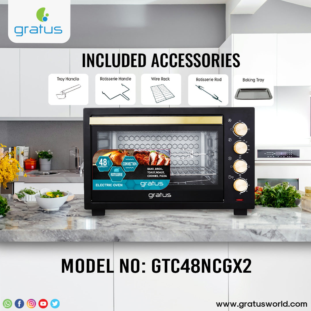 Gratus 48L Electric Oven Toaster Grill – 2000W, Rotisserie & Timer | 1 Year Warranty