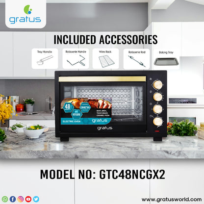 Gratus 48L Electric Oven Toaster Grill – 2000W, Rotisserie & Timer | 1 Year Warranty