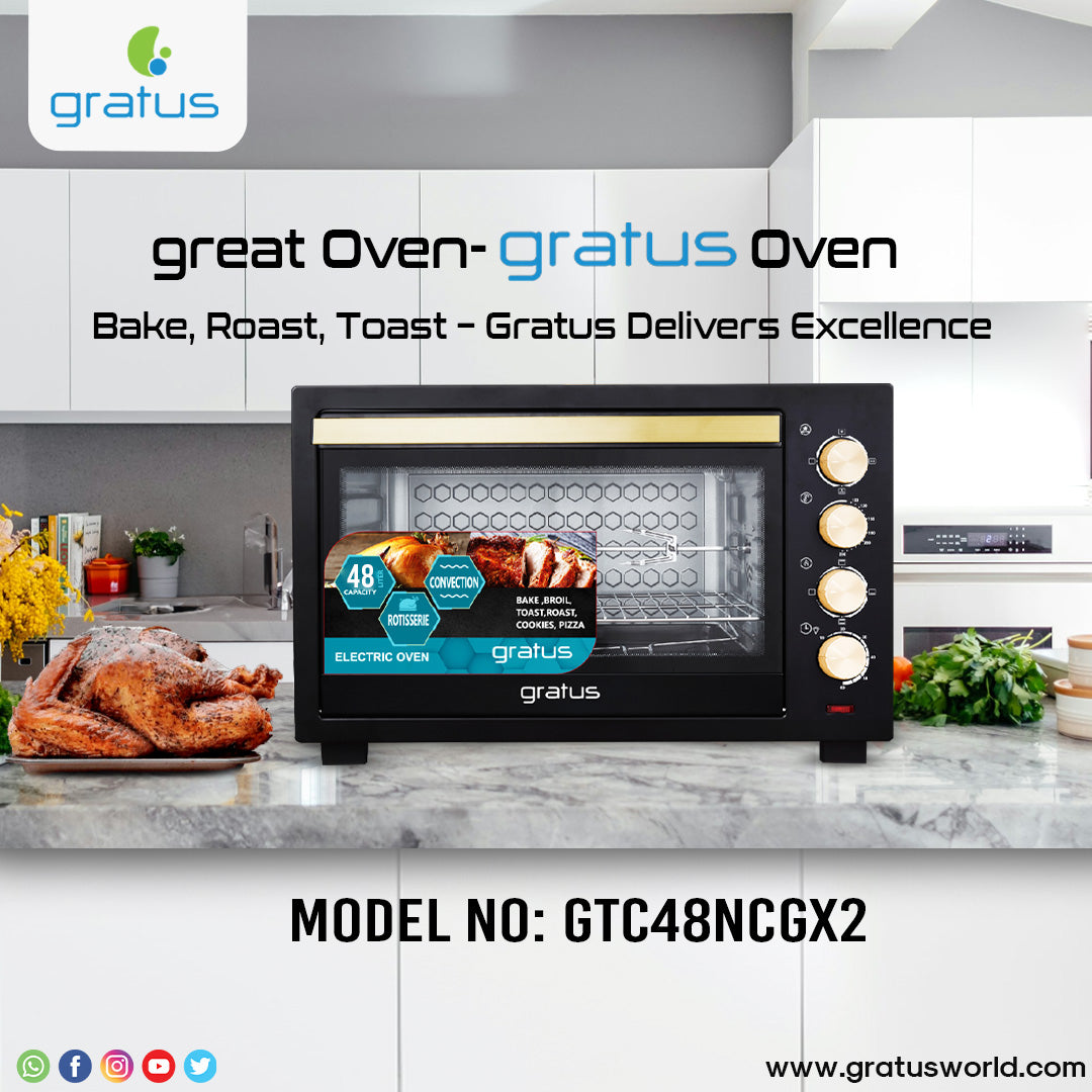 Gratus 48L Electric Oven Toaster Grill – 2000W, Rotisserie & Timer | 1 Year Warranty