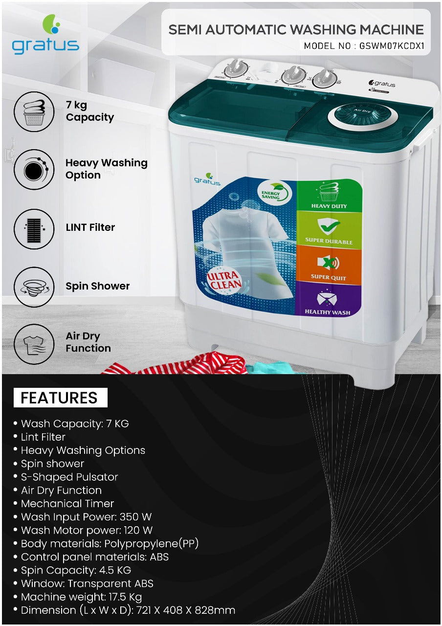 Gratus 7 KG Top Load Semi-Automatic Washing Machine (GSWM07KCDX1)
