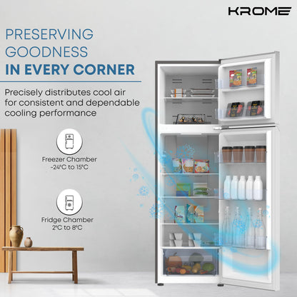 KROME 365L Top Mount Double Door Refrigerator – No Frost, Inverter Compressor, Silver – KR-RFF 480IM