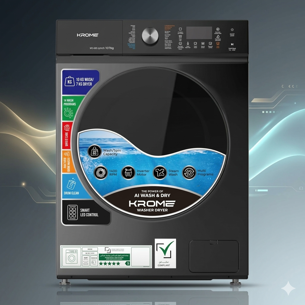 KROME 10/7 KG Front Load Washer Dryer – 1400 RPM, BLDC Motor, Titanium | Model: KR-WD107STI