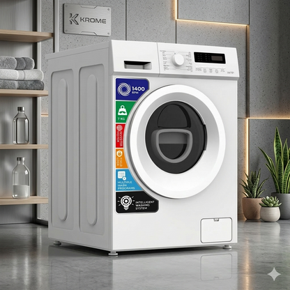 KROME 8KG Front Load Washing Machine – BLDC Inverter, 1400 RPM, 5★ Energy, White | Model: KR-WFL80SI