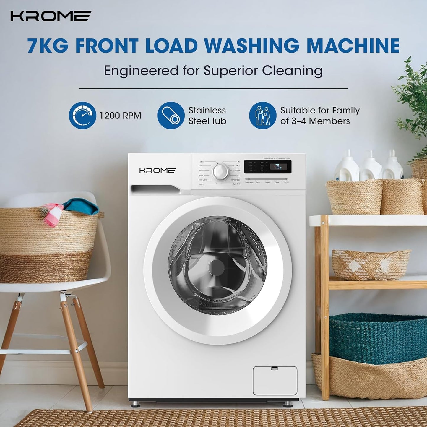 KROME 7KG Front Load Washing Machine – BLDC Inverter, 1400 RPM, 5★ Energy, White | Model: KR-WFL707WIS