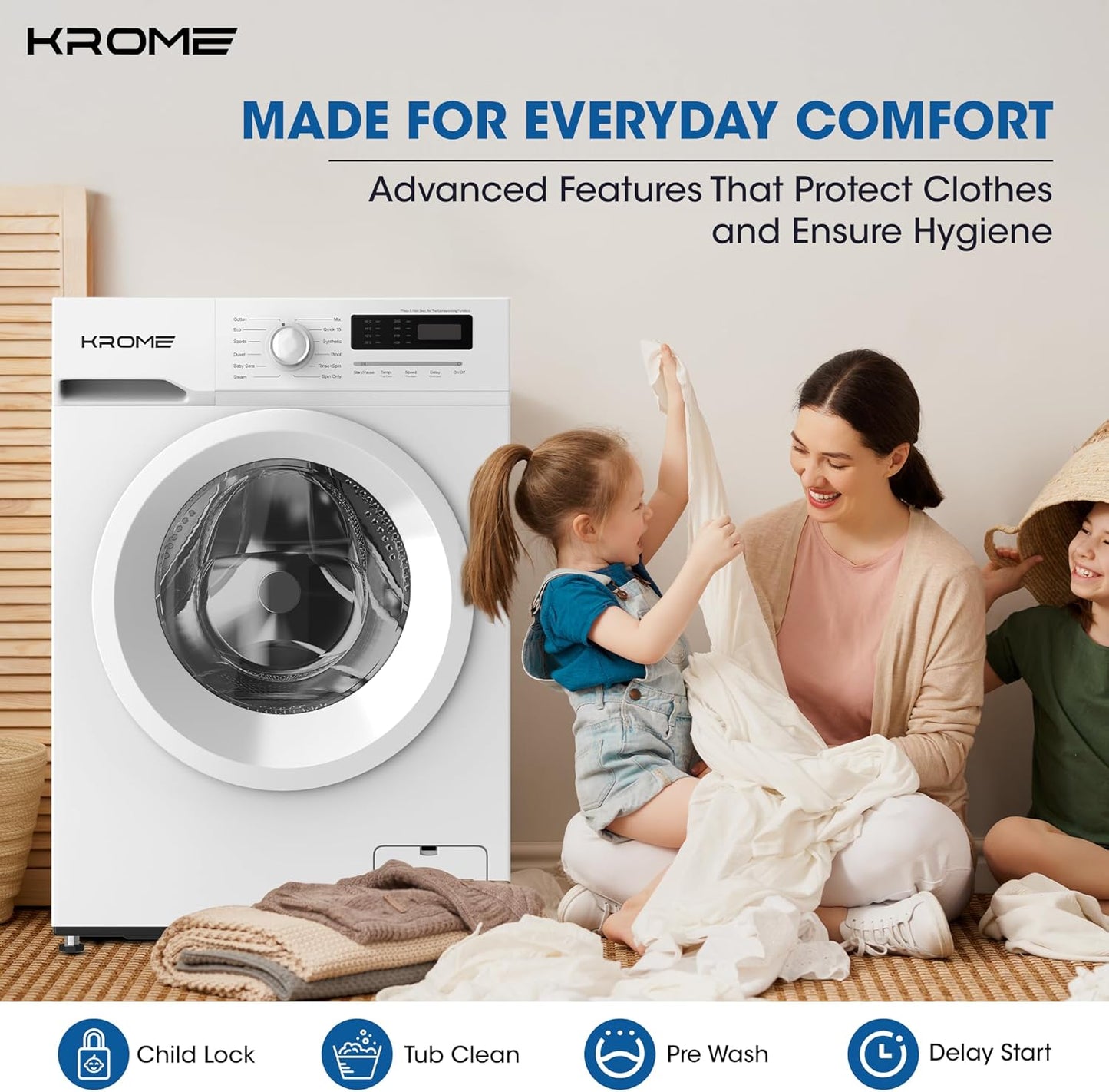 KROME 7KG Front Load Washing Machine – BLDC Inverter, 1400 RPM, 5★ Energy, White | Model: KR-WFL707WIS