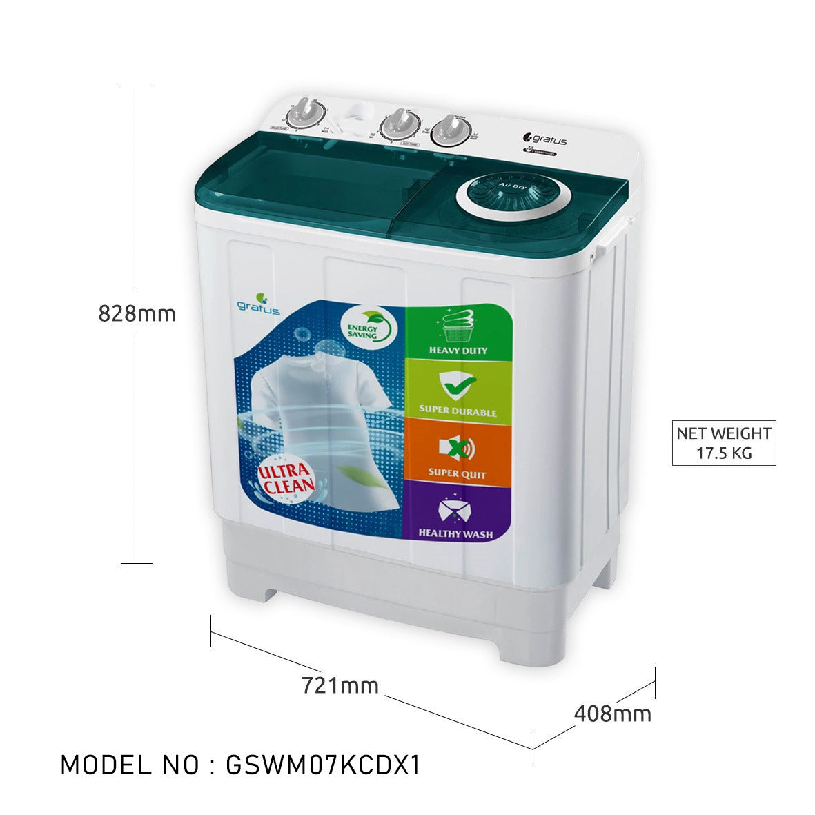 Gratus 10 KG Top Load Semi-Automatic Washing Machine (GSWM07KCDX1)
