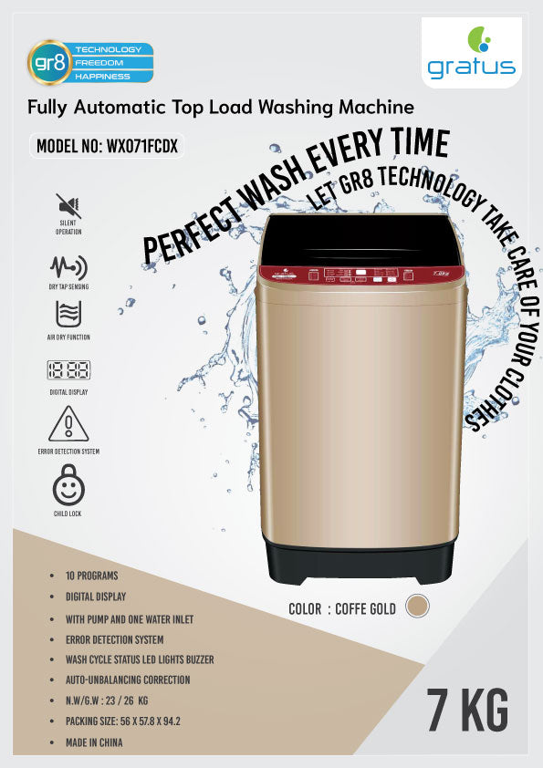 Gratus  7 KG Fully Automatic Top Load Washing Machine – Model WX071FCDX
