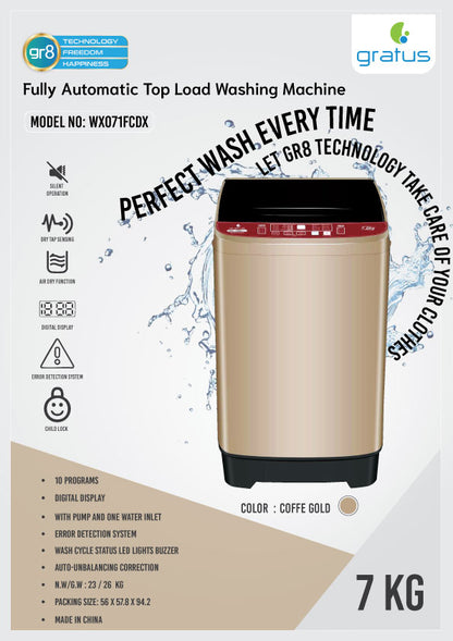 Gratus  7 KG Fully Automatic Top Load Washing Machine – Model WX071FCDX