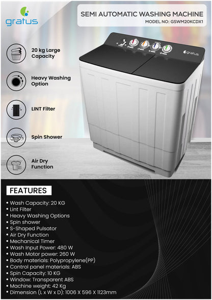 Gratus 20 KG Top Load Semi-Automatic Washing Machine (GSWM07KCDX1)