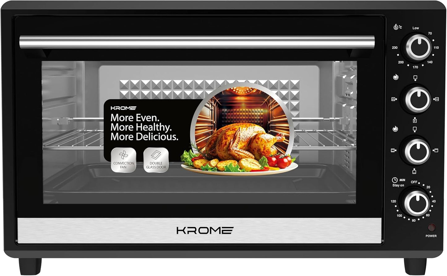 KROME 70L Electric Oven with Rotisserie – Convection Fan, 4 Knob Control, Double Glass Door, Stainless Steel Heating Elements, Includes Bake Tray & Accessories - KR-EO120RC