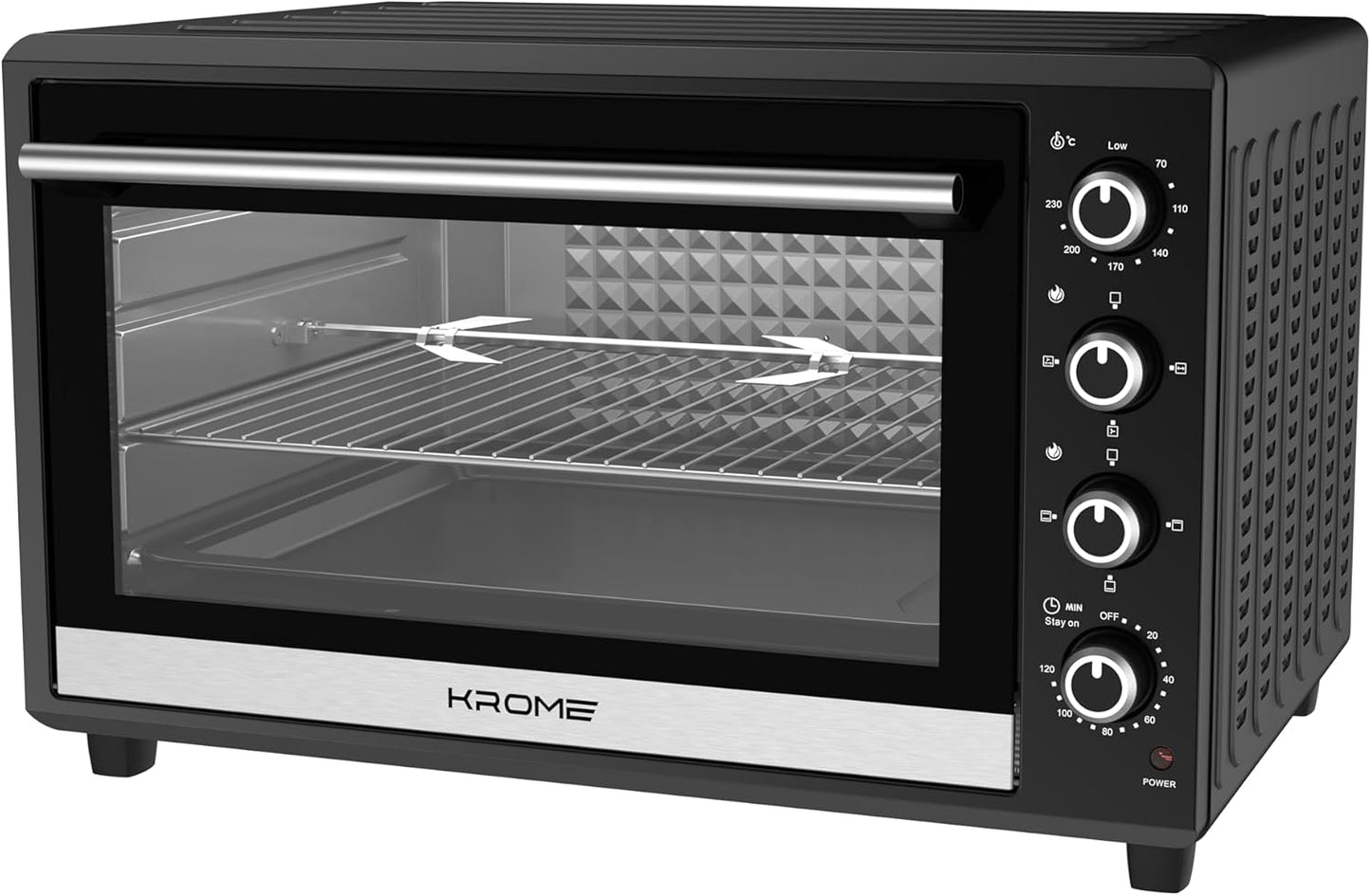 KROME 70L Electric Oven with Rotisserie – Convection Fan, 4 Knob Control, Double Glass Door, Stainless Steel Heating Elements, Includes Bake Tray & Accessories - KR-EO120RC