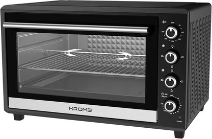 KROME 70L Electric Oven with Rotisserie – Convection Fan, 4 Knob Control, Double Glass Door, Stainless Steel Heating Elements, Includes Bake Tray & Accessories - KR-EO120RC