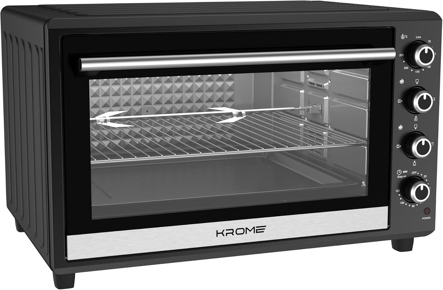 KROME 70L Electric Oven with Rotisserie – Convection Fan, 4 Knob Control, Double Glass Door, Stainless Steel Heating Elements, Includes Bake Tray & Accessories - KR-EO120RC