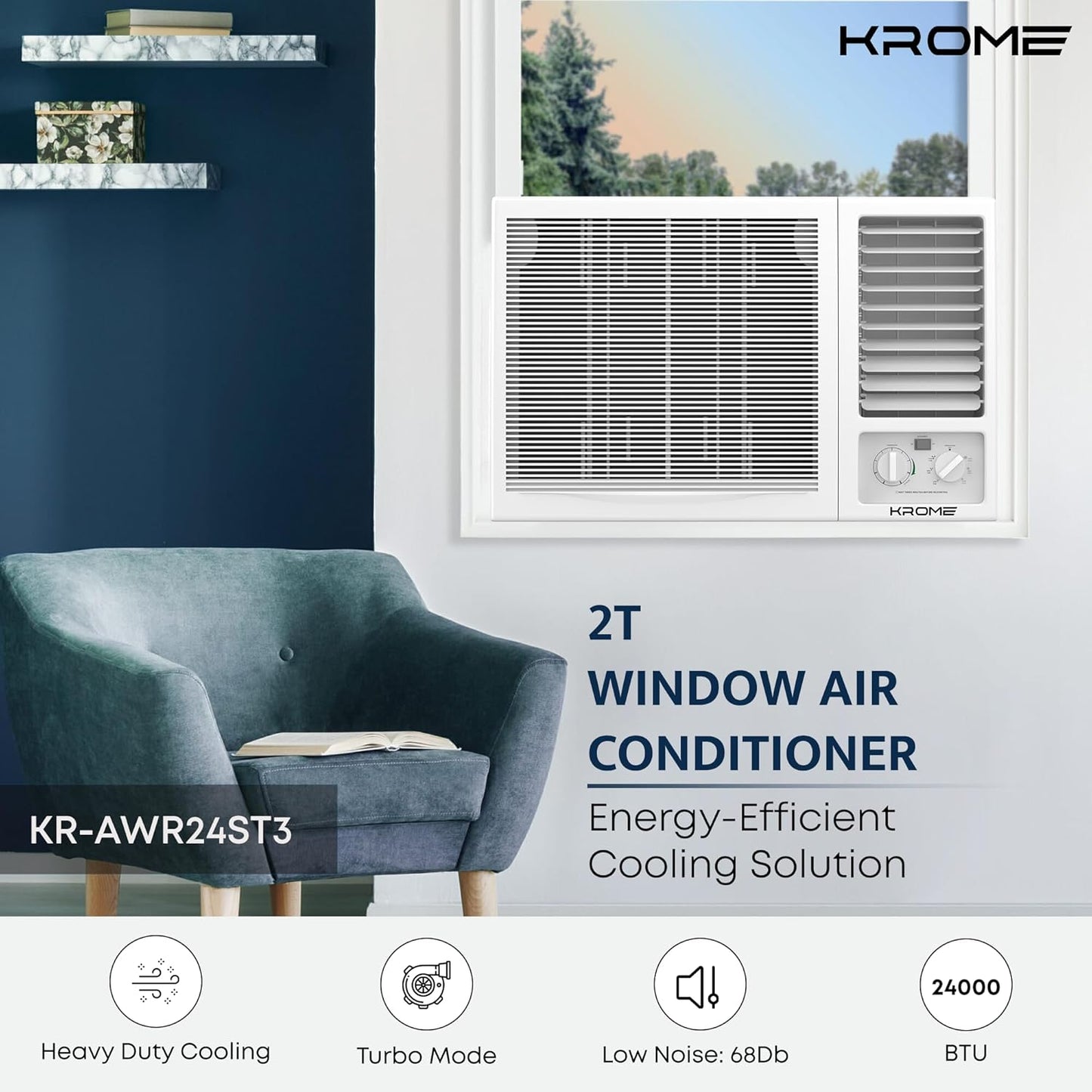 KROME 2 Ton Window Air Conditioner – T3 Piston Compressor, 24,000 BTU, Cooling Only – Model KR-AWP24ET3
